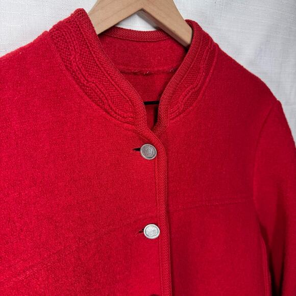 100% Boiled Wool Cardigan Cherry Red Cable Knit Size L Holiday Christmas Granny - Picture 2 of 16
